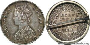 R6097 Rare British India 1/2 Rupee Victoria 1899 C Calcutta Spindle Silver AU