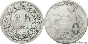 R6185 Switzerland 2 Francs Helvetia 1862 B Berne Silver -> Make offer