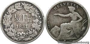 R6196 Rare Switzerland 1/2 Franc Helvetia 1851 A Paris Silver -> Make offer