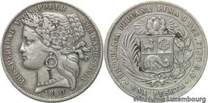 R6232 Rare Peru Colonies 1 Peseta 1880 B dot BF Countermark I Silver --> M offer