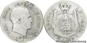 R6352 Rare Italy 2 Lire Napoleon Bonaparte 1808 M Milan Edge raised Silver