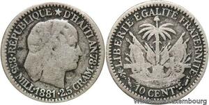 R7052 Haiti 10 Centimes Tiara head 1881 A Paris Silver -> Make offer