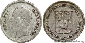 R7080 Venezuela 25 Centimos 1954 Silver -> Make offer