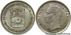 R7082 Venezuela 25 Centimos 1954 Silver AU -> Make offer