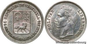 R7084 Venezuela 25 Centimos 1954 Silver AU -> Make offer