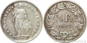 R7299 Switzerland 1/2 Franc Helvetia 1907 B Berne Silver -> Make offer
