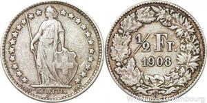 R7301 Switzerland 1/2 Franc Helvetia 1908 B Berne Silver -> Make offer
