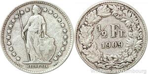R7303 Switzerland 1/2 Franc Helvetia 1909 B Berne Silver -> Make offer