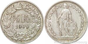 R7304 Switzerland 1/2 Franc Helvetia 1909 B Berne Silver -> Make offer