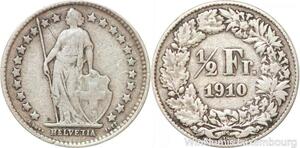 R7305 Switzerland 1/2 Franc Helvetia 1910 B Berne Silver -> Make offer