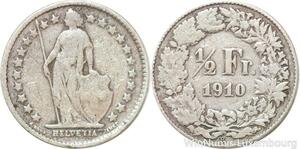R7306 Switzerland 1/2 Franc Helvetia 1910 B Berne Silver -> Make offer