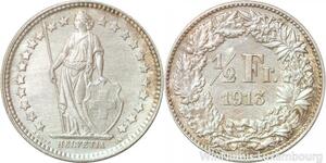 R7307 Switzerland 1/2 Franc Helvetia 1913 B Berne Silver -> Make offer AU