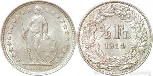 R7309 Switzerland 1/2 Franc Helvetia 1914 B Berne Silver -> Make offer AU
