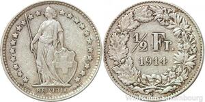 R7310 Switzerland 1/2 Franc Helvetia 1914 B Berne Silver -> Make offer