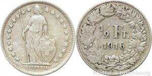 R7313 Switzerland 1/2 Franc Helvetia 1916 B Berne Silver -> Make offer