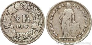R7314 Switzerland 1/2 Franc Helvetia 1916 B Berne Silver -> Make offer
