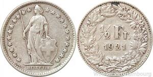 R7317 Switzerland 1/2 Franc Helvetia 1921 B Berne Silver -> Make offer