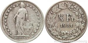 R7318 Switzerland 1/2 Franc Helvetia 1921 B Berne Silver -> Make offer