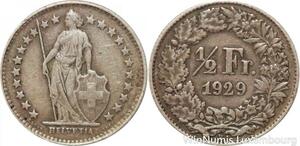 R7319 Switzerland 1/2 Franc Helvetia 1929 B Berne Silver -> Make offer