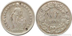 R7321 Switzerland 1/2 Franc Helvetia 1934 B Berne Silver -> Make offer