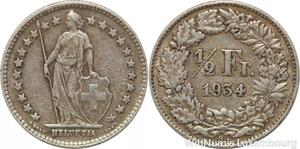R7322 Switzerland 1/2 Franc Helvetia 1934 B Berne Silver -> Make offer