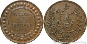R7422 Rare Tunisia 10 Centimes Ali Bey AH 1310 1892 A Paris AU -> Make offer