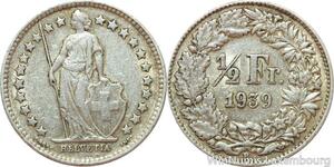 R7431 Switzerland 1/2 Franc Helvetia 1939 B Berne Silver AU -> Make offer