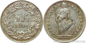 R7433 Switzerland 1/2 Franc Helvetia 1940 B Berne Silver -> Make offer