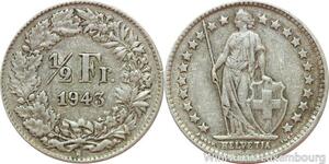 R7435 Switzerland 1/2 Franc Helvetia 1943 B Berne Silver -> Make offer
