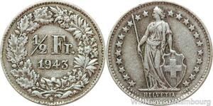 R7437 Switzerland 1/2 Franc Helvetia 1943 B Berne Silver -> Make offer