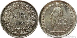 R7438 Switzerland 1/2 Franc Helvetia 1959 B Berne Silver -> Make offer