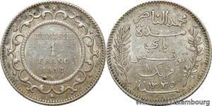 R7443 Tunisia 1 Franc Muhammad Nasir Protectorat AH 1335 1917 A Paris Silver AU
