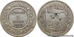 R7444 Tunisia 1 Franc Muhammad al-Nasir Protectorat AH 1335 1916 A Paris Silver