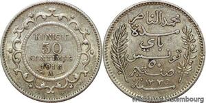 R7446 Tunisia 50 Centimes Muhammad al-Nasir Bey AH 1335 1916 A Paris Silver