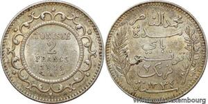 R7447 Tunisia 2 Francs Muhammad al-Nasir Bey AH 1334 1915 A Paris Silver AU