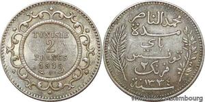 R7448 Tunisia 2 Francs Muhammad al-Nasir Bey AH 1334 1915 A Paris Silver AU