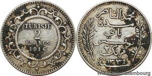 R7450 Tunisia 2 Francs Muhammad al-Nasir Bey AH 1334 1916 A Paris Silver > Offer