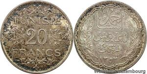 R7451 Tunisia 20 Francs Ahmad Pasha AH 1353 1934 A Paris Silver AU -&gt; Make offer