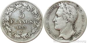 R7473 Belgium 5 Francs Leopold I 1833 Incuse Argent Silver -> Make offer
