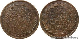 R7489 Tunisia 2 Kharubs Sultan Abdul Aziz Bey Muhammad al-Sadiq AH 1289 1872