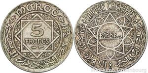 R7507 Morocco 5 Francs Mohammed V AH 1352 1933 Paris Silver -> Make offer