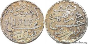 R7559 Morocco 1/2 Dirham Hassan Ier AH 1313 1896 Countermark Ram Belier Silver