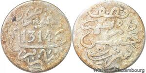 R7569 Morocco 1/2 Dirham Hassan Ier AH 1314 1897 Countermark Ram Belier Silver
