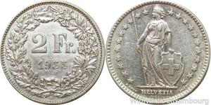 R7690 Switzerland 2 Francs Helvetia 1955 B Berne Silver -> Make offer
