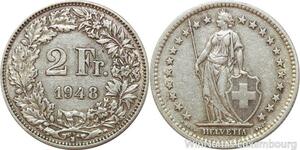 R7691 Switzerland 2 Francs Helvetia 1948 B Berne Silver -> Make offer