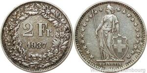 R7692 Switzerland 2 Francs Helvetia 1937 B Berne Silver -> Make offer