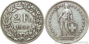 R7693 Switzerland 2 Francs Helvetia 1936 B Berne Silver -> Make offer