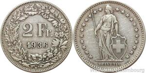 R7694 Switzerland 2 Francs Helvetia 1936 B Berne Silver -> Make offer