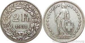 R7698 Switzerland 2 Francs Helvetia 1931 B Berne Silver -> Make offer