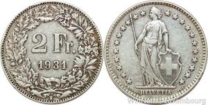 R7701 Switzerland 2 Francs Helvetia 1931 B Berne Silver -> Make offer